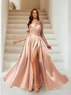A-Line/Princess One-Shoulder Ruched Floor-Length Evening Dresses with Split Side — view 1