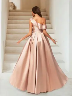 A-Line/Princess One-Shoulder Ruched Floor-Length Evening Dresses with Split Side — view 2