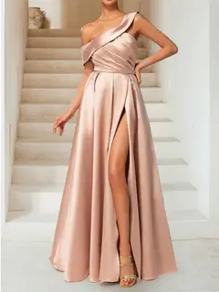 A-Line/Princess One-Shoulder Ruched Floor-Length Evening Dresses with Split Side — view 3