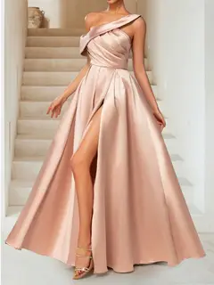 A-Line/Princess One-Shoulder Ruched Floor-Length Evening Dresses with Split Side — view 4