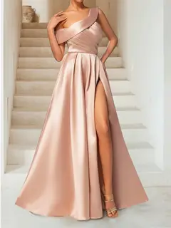 A-Line/Princess One-Shoulder Ruched Floor-Length Evening Dresses with Split Side — view 5