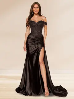 Trumpet/Mermaid Off-the-Shoulder Sweep Train Sequined Evening Dresses with Split Side — view 10