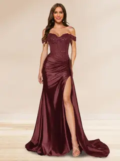 Trumpet/Mermaid Off-the-Shoulder Sweep Train Sequined Evening Dresses with Split Side — view 11
