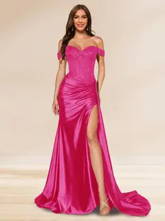 Trumpet/Mermaid Off-the-Shoulder Sweep Train Sequined Evening Dresses with Split Side — view 29
