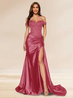 Trumpet/Mermaid Off-the-Shoulder Sweep Train Sequined Evening Dresses with Split Side — view 33