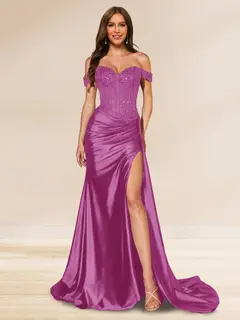 Trumpet/Mermaid Off-the-Shoulder Sweep Train Sequined Evening Dresses with Split Side — view 37