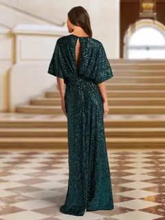 A-Line/Princess Plunging Neck Short Sleeves Sequin Evening Dresses with Split Side — view 2