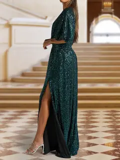A-Line/Princess Plunging Neck Short Sleeves Sequin Evening Dresses with Split Side — view 4