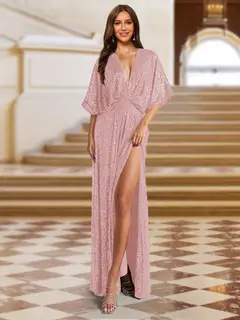 A-Line/Princess Plunging Neck Short Sleeves Sequin Evening Dresses with Split Side — view 6