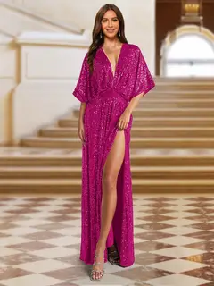 A-Line/Princess Plunging Neck Short Sleeves Sequin Evening Dresses with Split Side — view 11