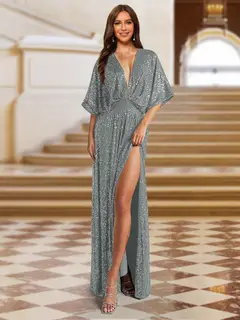 A-Line/Princess Plunging Neck Short Sleeves Sequin Evening Dresses with Split Side — view 14