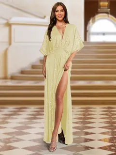 A-Line/Princess Plunging Neck Short Sleeves Sequin Evening Dresses with Split Side — view 16