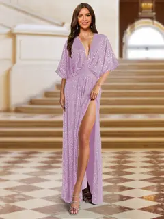 A-Line/Princess Plunging Neck Short Sleeves Sequin Evening Dresses with Split Side — view 19