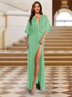 A-Line/Princess Plunging Neck Short Sleeves Sequin Evening Dresses with Split Side — view 20