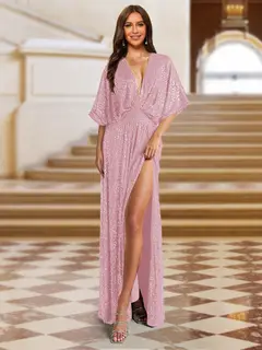 A-Line/Princess Plunging Neck Short Sleeves Sequin Evening Dresses with Split Side — view 26