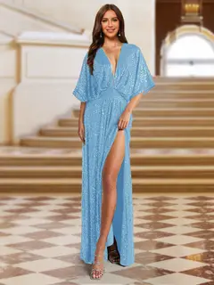 A-Line/Princess Plunging Neck Short Sleeves Sequin Evening Dresses with Split Side — view 30