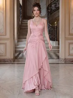 A-Line/Princess V-Neck Sleeveless Floor-Length Evening Dresses with Ruffles & Applique — view 1