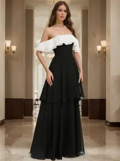 A-Line/Princess Off-the-Shoulder Floor-Length Chiffon Evening Dresses With Cascading Ruffles — view 4