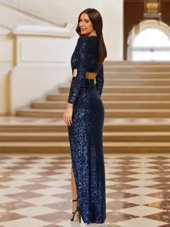 Sheath/Column V-Neck Long Sleeves Evening Dresses with Split Side — view 2