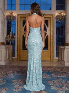 Sheath/Column Halter Sleeveless Evening Dresses with Split Side & Sequins — view 2