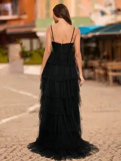 A-Line/Princess V-Neck Sleeveless Tiered Prom Dresses — view 2