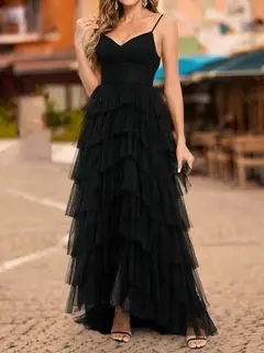 A-Line/Princess V-Neck Sleeveless Tiered Prom Dresses — view 3