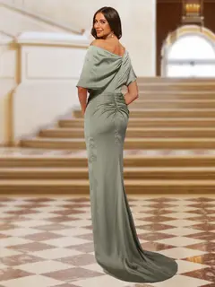 Sheath/Column One-Shoulder Ruched Satin Long Evening Dresses with Split Side — view 2