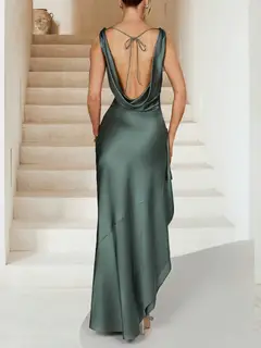 Sheath/Column V-Neck Ankle-Length Ruched Evening Dresses with Split Side & Ruffles — view 2