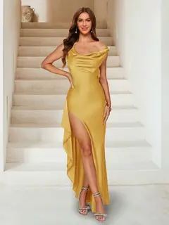Sheath/Column V-Neck Ankle-Length Ruched Evening Dresses with Split Side & Ruffles — view 18