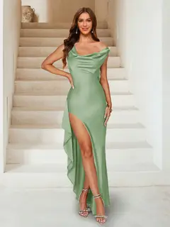 Sheath/Column V-Neck Ankle-Length Ruched Evening Dresses with Split Side & Ruffles — view 23