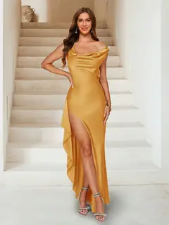Sheath/Column V-Neck Ankle-Length Ruched Evening Dresses with Split Side & Ruffles — view 25