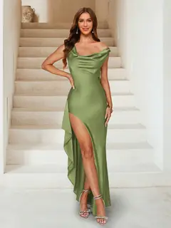 Sheath/Column V-Neck Ankle-Length Ruched Evening Dresses with Split Side & Ruffles — view 33