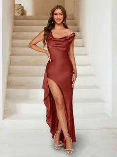 Sheath/Column V-Neck Ankle-Length Ruched Evening Dresses with Split Side & Ruffles — view 39