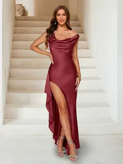 Sheath/Column V-Neck Ankle-Length Ruched Evening Dresses with Split Side & Ruffles — view 52