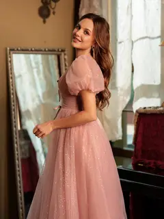 A-Line/Princess V-Neck Split Side Long Prom Dresses with Bow-Knot — view 7