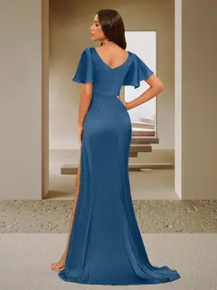 Trumpet/Mermaid V-Neck Short Sleeves Ruched Bridesmaid Dresses with Split Side & Ruffles — view 2