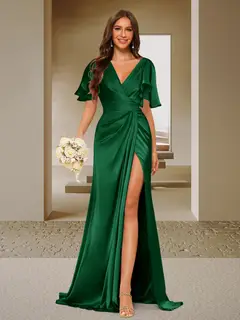 Trumpet/Mermaid V-Neck Short Sleeves Ruched Bridesmaid Dresses with Split Side & Ruffles — view 13