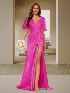Trumpet/Mermaid V-Neck Short Sleeves Ruched Bridesmaid Dresses with Split Side & Ruffles — view 14