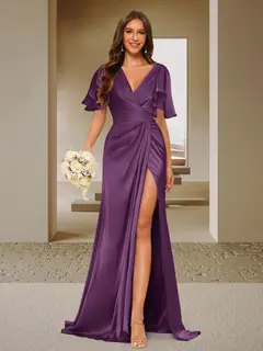 Trumpet/Mermaid V-Neck Short Sleeves Ruched Bridesmaid Dresses with Split Side & Ruffles — view 17