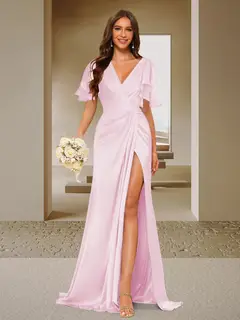 Trumpet/Mermaid V-Neck Short Sleeves Ruched Bridesmaid Dresses with Split Side & Ruffles — view 33