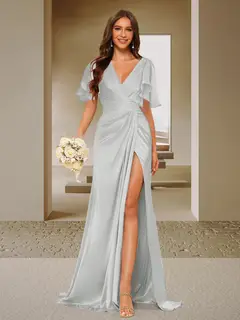 Trumpet/Mermaid V-Neck Short Sleeves Ruched Bridesmaid Dresses with Split Side & Ruffles — view 38