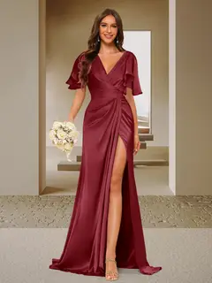 Trumpet/Mermaid V-Neck Short Sleeves Ruched Bridesmaid Dresses with Split Side & Ruffles — view 47