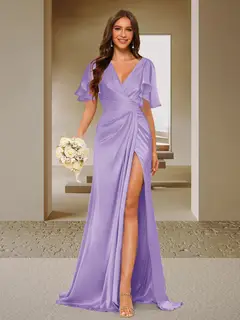 Trumpet/Mermaid V-Neck Short Sleeves Ruched Bridesmaid Dresses with Split Side & Ruffles — view 48