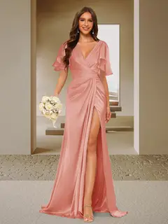 Trumpet/Mermaid V-Neck Short Sleeves Ruched Bridesmaid Dresses with Split Side & Ruffles — view 55