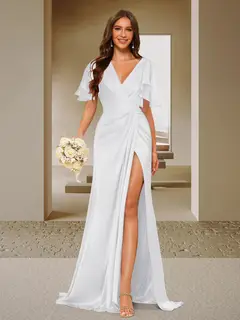 Trumpet/Mermaid V-Neck Short Sleeves Ruched Bridesmaid Dresses with Split Side & Ruffles — view 60