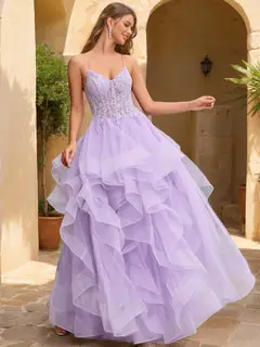 Ball Gown V-Neck Sleeveless Tiered Prom Dresses — LV47495682 — view 2