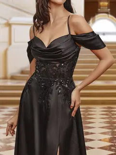 A-Line/Princess Off-the-Shoulder Sleeveless Evening Dresses with Split Side & Appliques — view 3