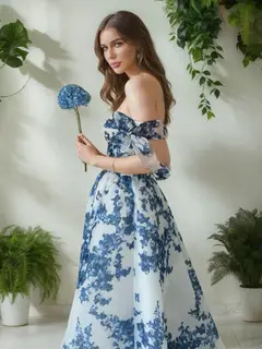 A-Line/Princess Off-the-Shoulder Sleeveless Tea-Length Floral Prom Dresses — view 2