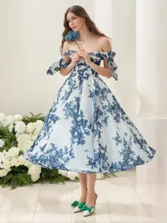 A-Line/Princess Off-the-Shoulder Sleeveless Tea-Length Floral Prom Dresses — view 3