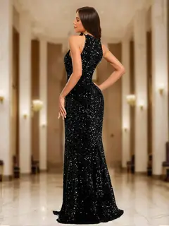Trumpet/Mermaid Halter Sleeveless Prom Dresses with Split Side — view 2